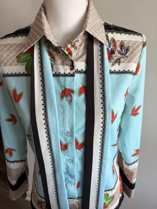 Vintage inspired Light Blue Floral Print Button-Up Blouse with Long Neck Tie - Picture 5 of 13